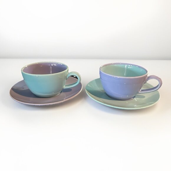 Lindt-Stymeist Colorways 2 Cups & Saucers Blue on Blue Green Tea Party RARE NEW - Picture 1 of 13